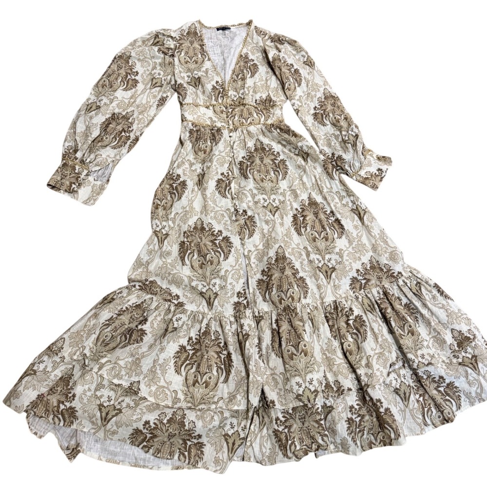 Trish Scully islanDamask Cotton Linen Midi Dress Cream V-Neck Puff Sleeve Boho s - Picture 7 of 15